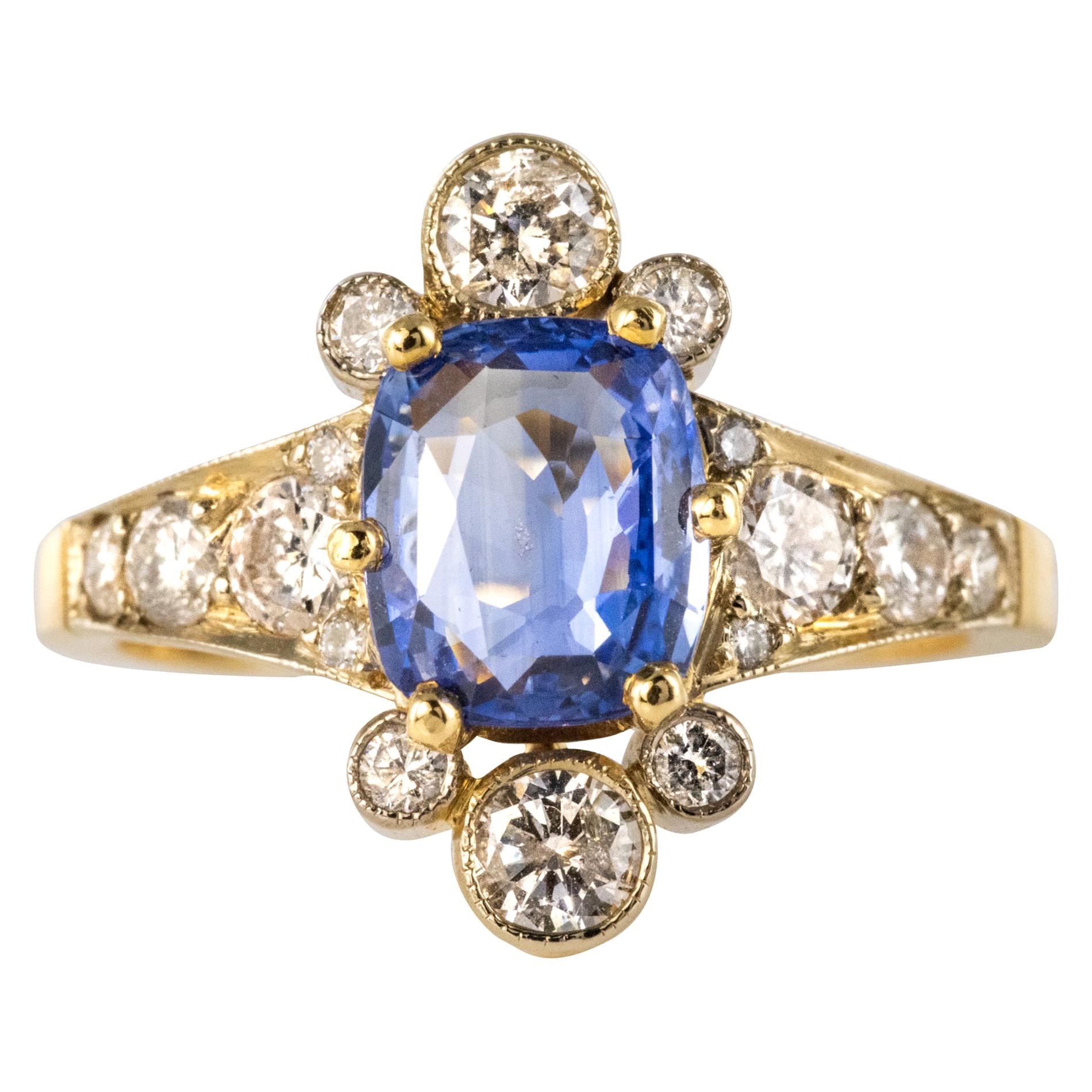 French 2.12 Carat Cushion, Cut Blue Sapphire Diamonds 18 Karat Yellow Gold Ring
