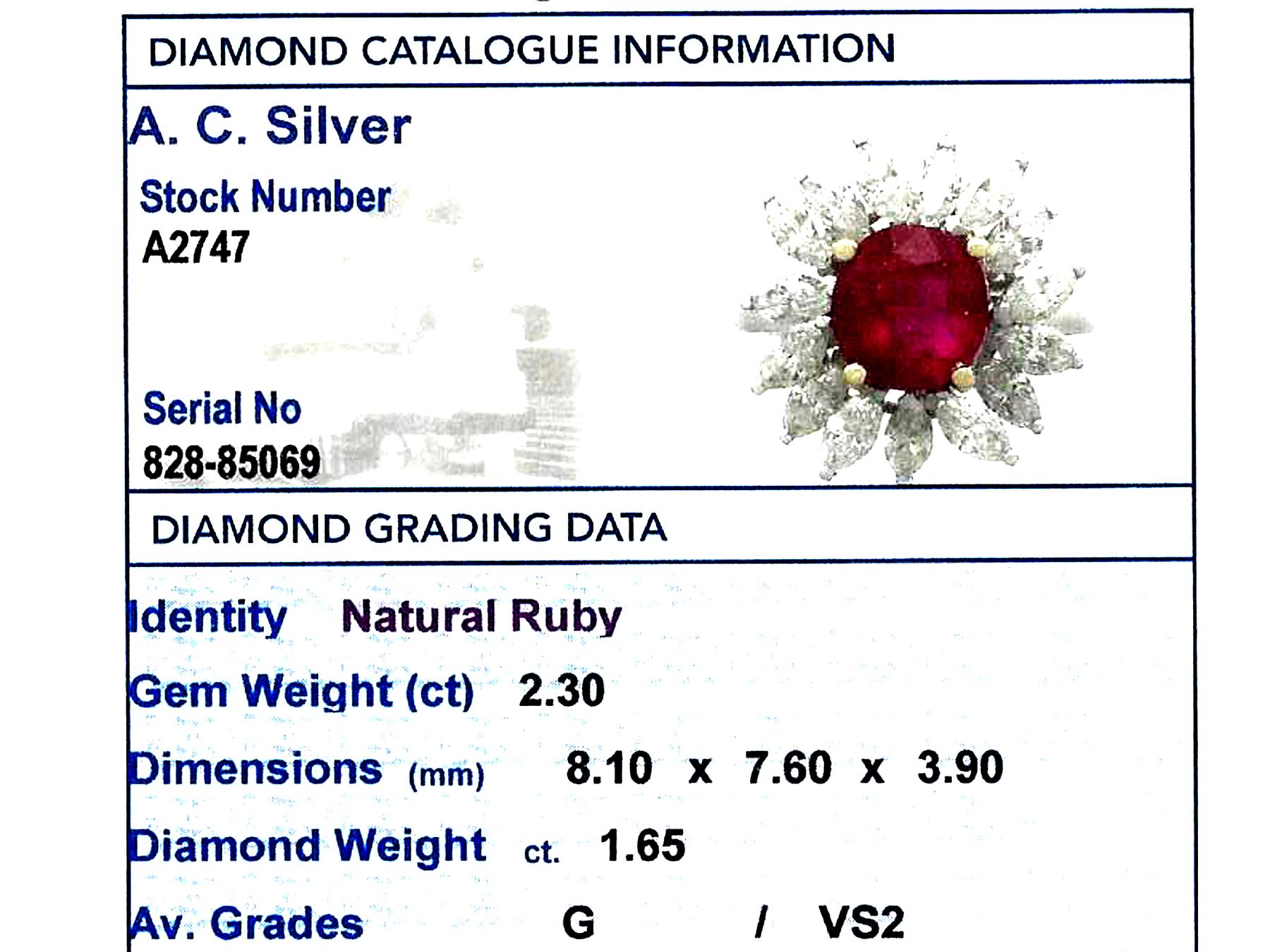 French 2.30 Carat Ruby and 1.65 Carat Diamond Platinum Cluster Ring Circa 1960 3