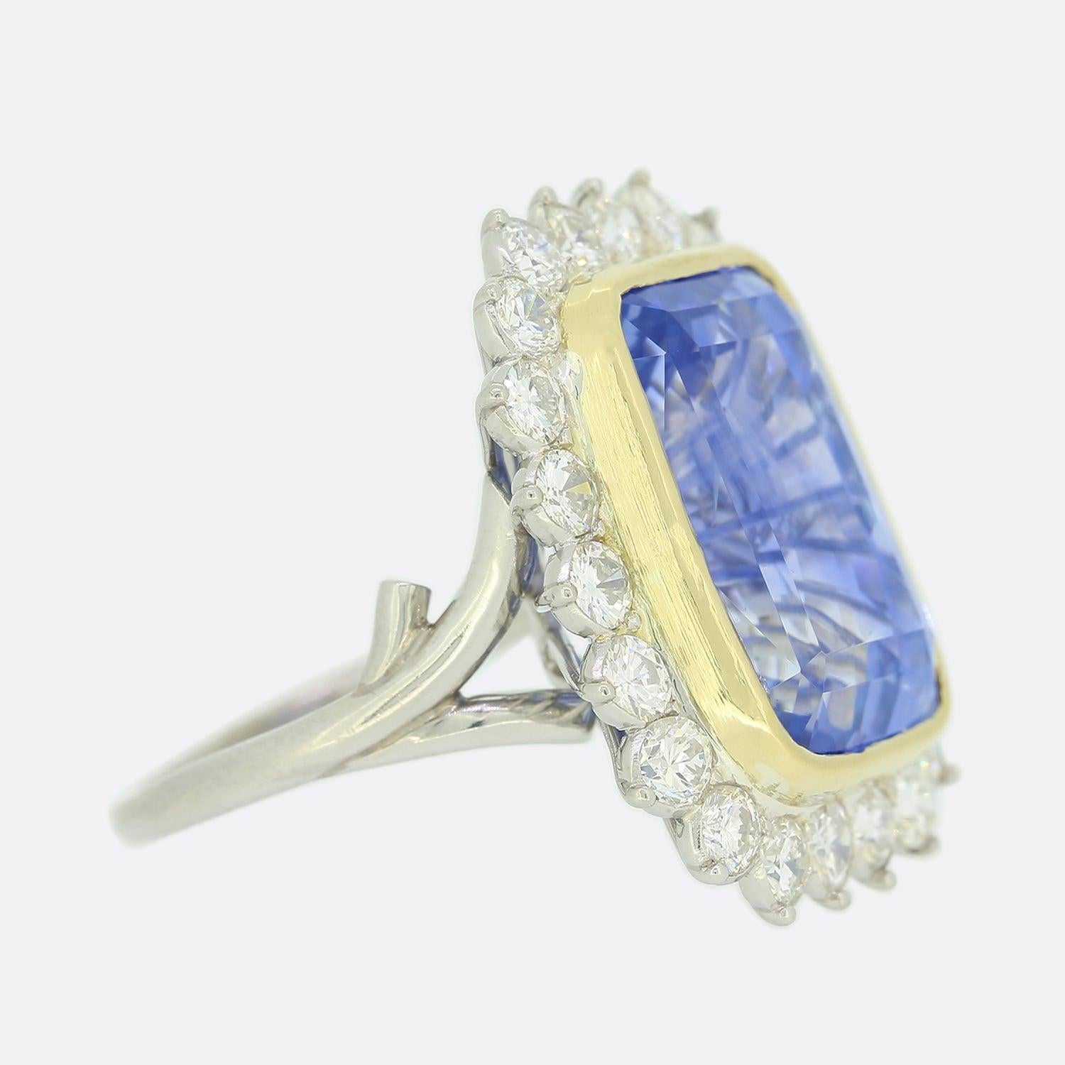 Cushion Cut French 25.92 Carat Unheated Ceylon Sapphire and Diamond Cluster Ring For Sale