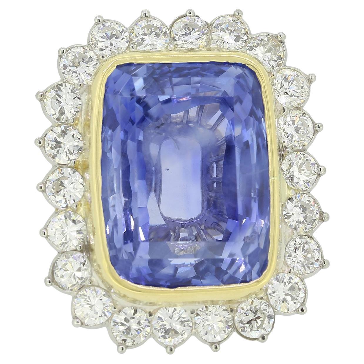 French 25.92 Carat Unheated Ceylon Sapphire and Diamond Cluster Ring For Sale