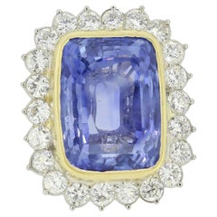 Vintage French 25.92 Carat Unheated Ceylon Sapphire and Diamond Cluster Ring