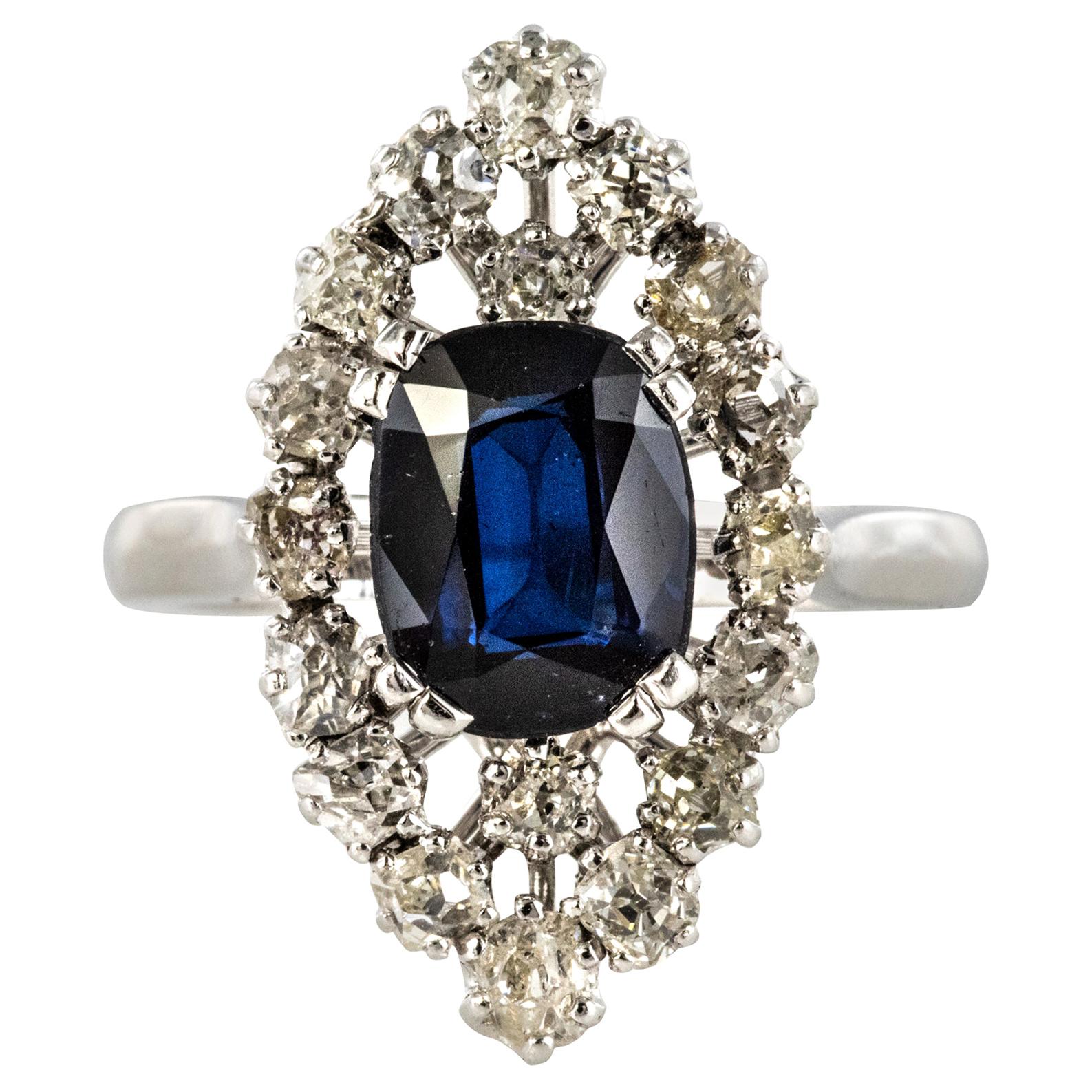 French 2.65 Carat Sapphire Diamonds Platinum Marquise Ring