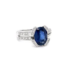 French 2.75 Carat Blue Sapphire and Diamond 18 Carat Gold Engagement Ring