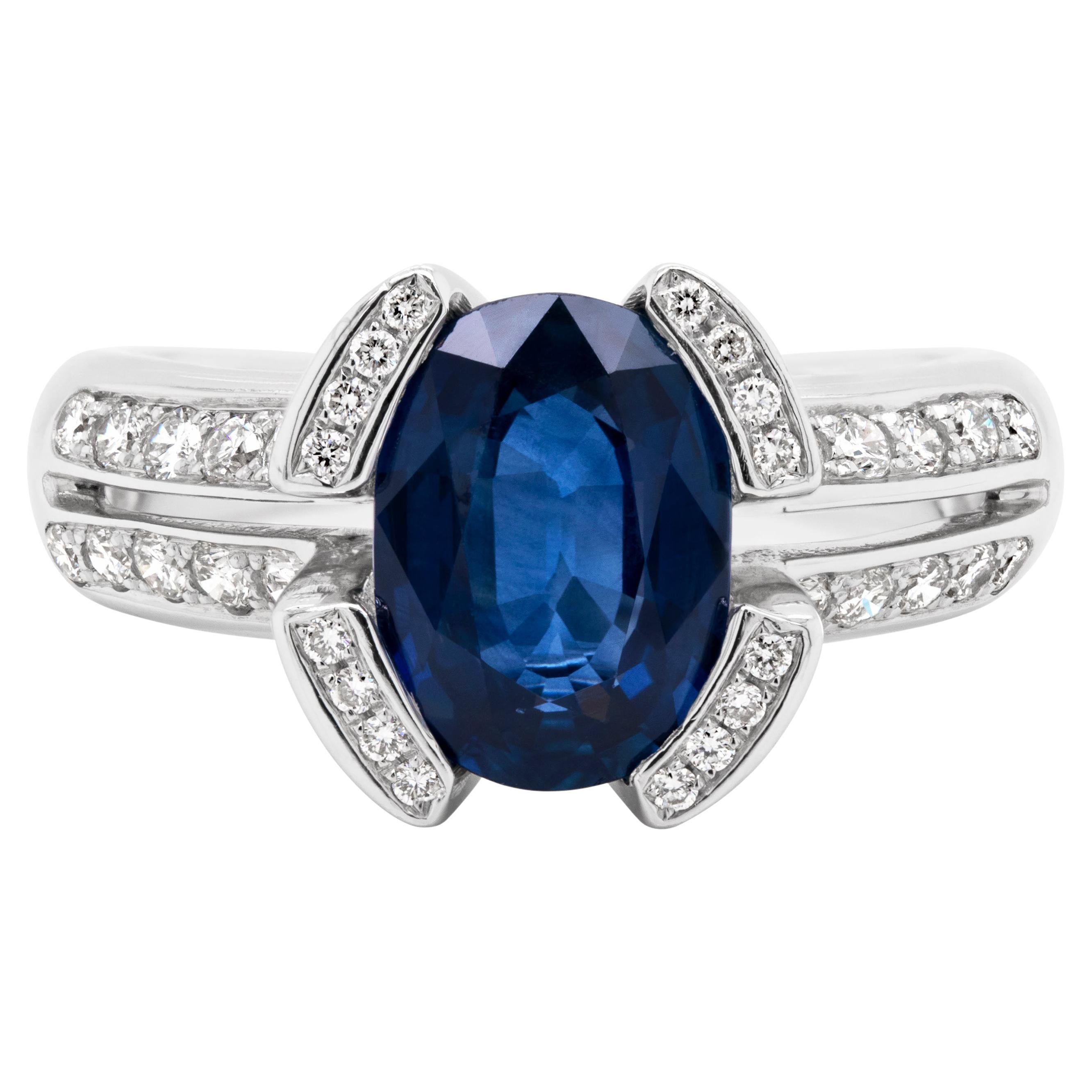 Bague de fiançailles française en or 18 carats avec saphir bleu de 2,75 carats et diamants