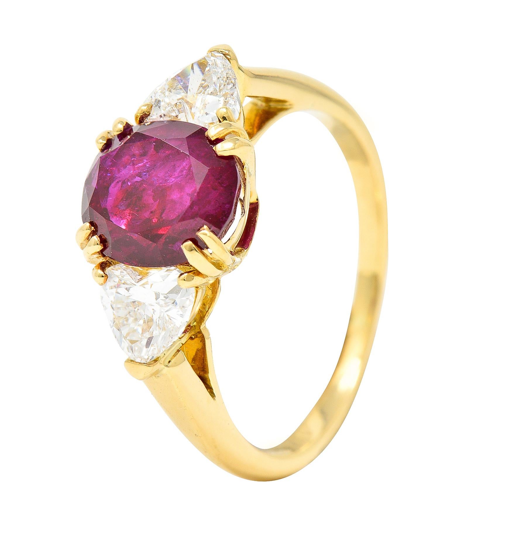French 2.83 Carats No Heat Burmese Ruby Diamond Three Stone 18K Yellow Gold Ring For Sale 5