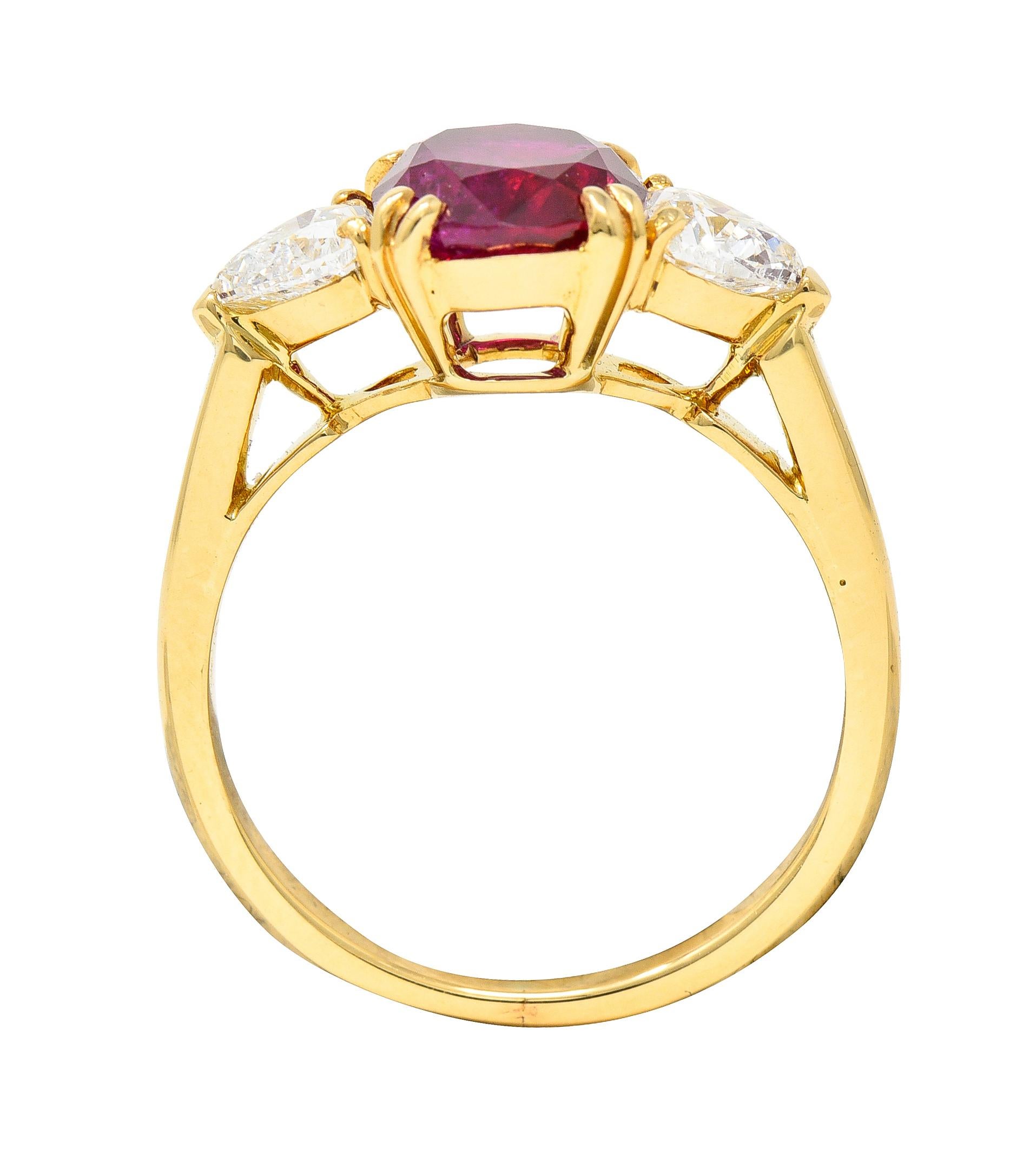 French 2.83 Carats No Heat Burmese Ruby Diamond Three Stone 18K Yellow Gold Ring For Sale 6