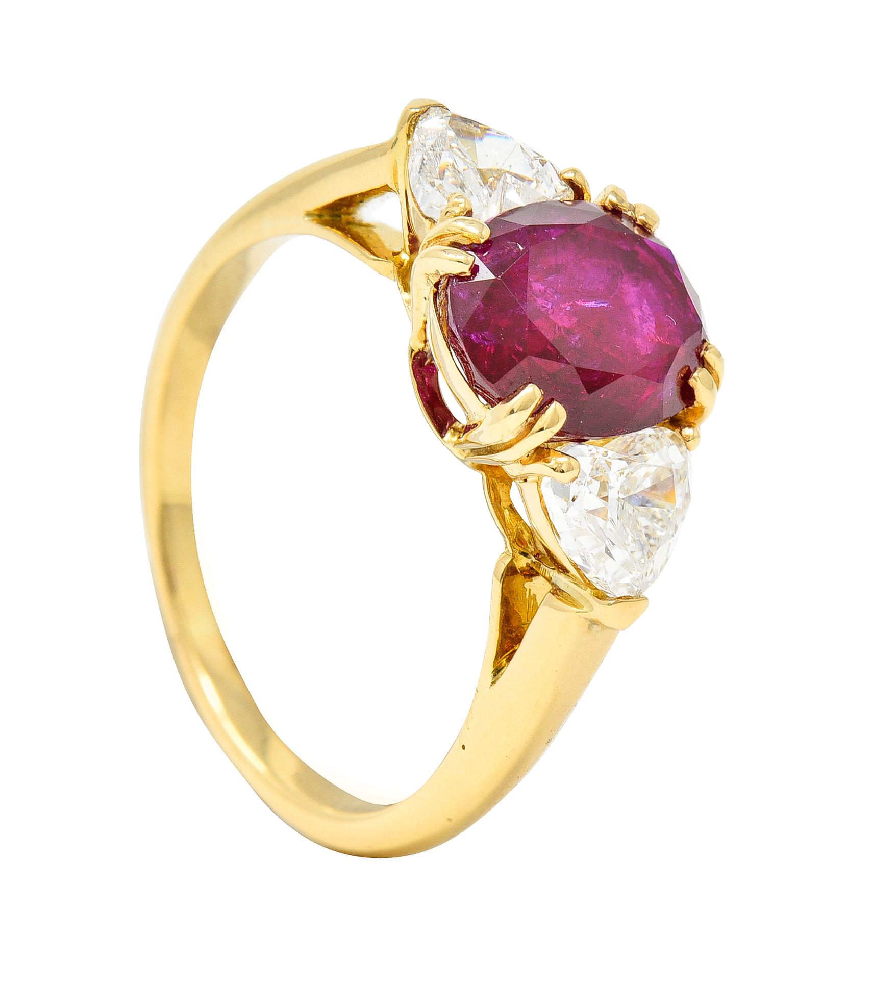 French 2.83 Carats No Heat Burmese Ruby Diamond Three Stone 18K Yellow Gold Ring For Sale 7