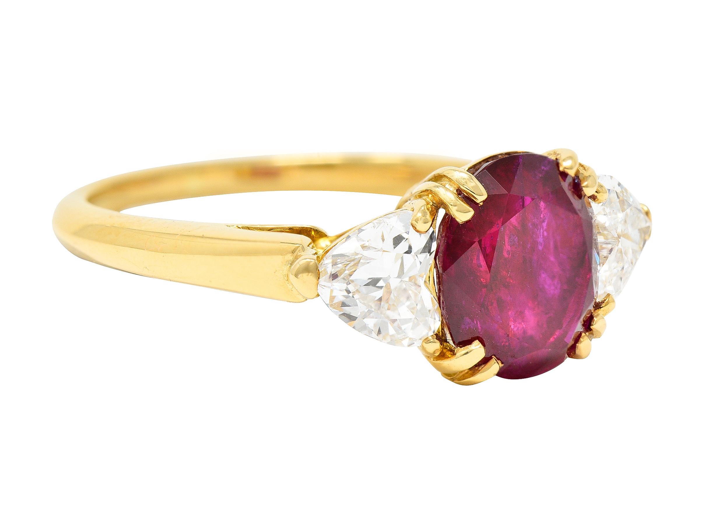 Oval Cut French 2.83 Carats No Heat Burmese Ruby Diamond Three Stone 18K Yellow Gold Ring For Sale