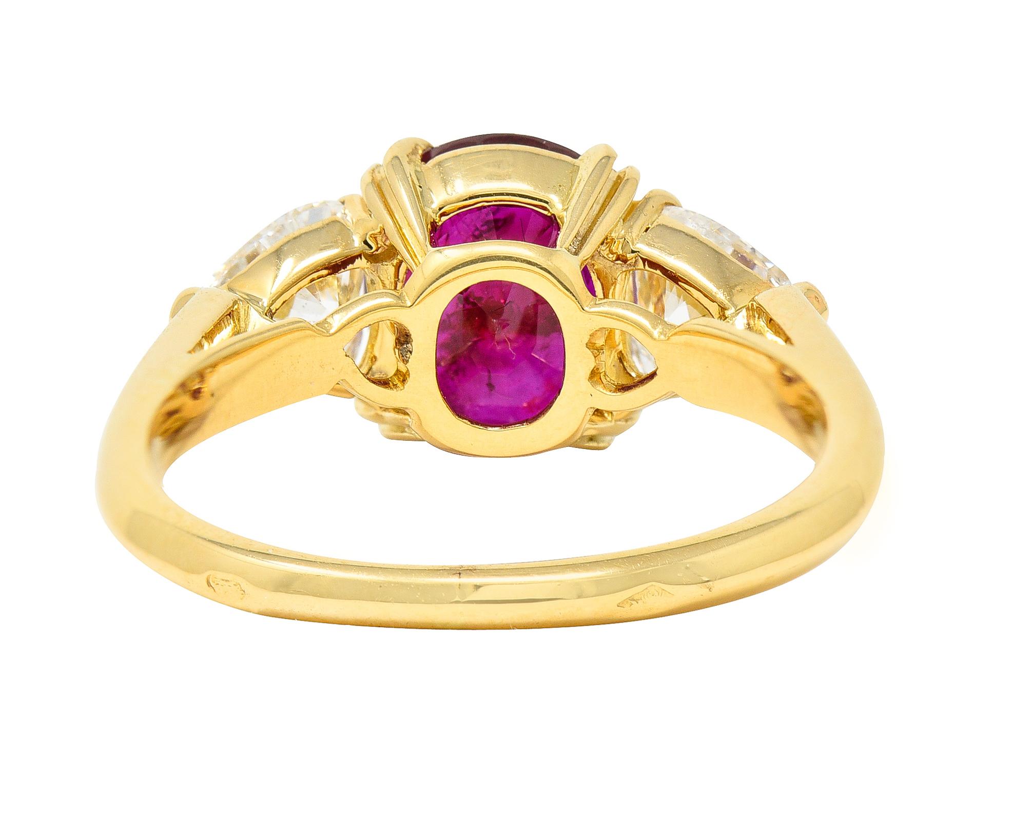 Women's or Men's French 2.83 Carats No Heat Burmese Ruby Diamond Three Stone 18K Yellow Gold Ring For Sale