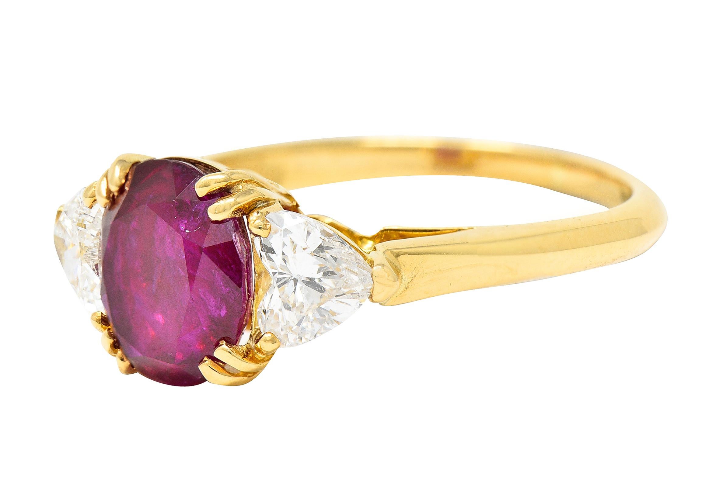 French 2.83 Carats No Heat Burmese Ruby Diamond Three Stone 18K Yellow Gold Ring For Sale 2
