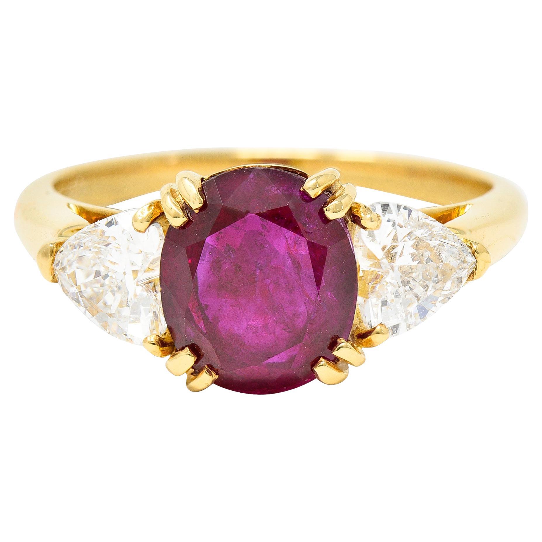 French 2.83 Carats No Heat Burmese Ruby Diamond Three Stone 18K Yellow Gold Ring For Sale