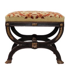 French 2nd Empire Napoleonic Style Ebonised & Parcel Gilt X-frame Stool