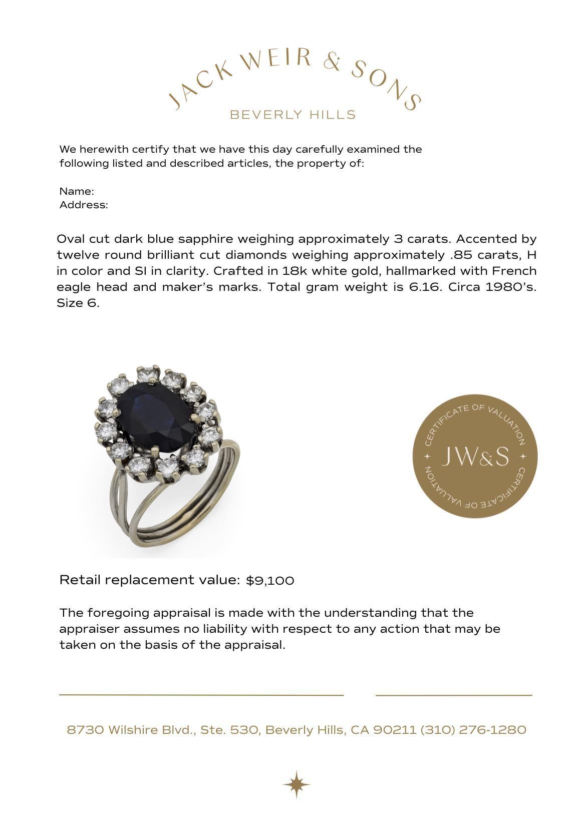 Anello francese a grappolo con zaffiro e diamante da 3 carati in oro bianco 18 carati In condizioni buone in vendita a Beverly Hills, CA