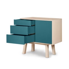 French 3-drawer sea blue customizable wooden cabinet by designer E. Gizard