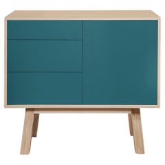 French 3-drawer sea blue customizable wooden cabinet by designer E. Gizard