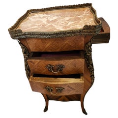 French 3 Drawer Side Table Nightstand w Marquetry Bronze Mounts & a Marble Top