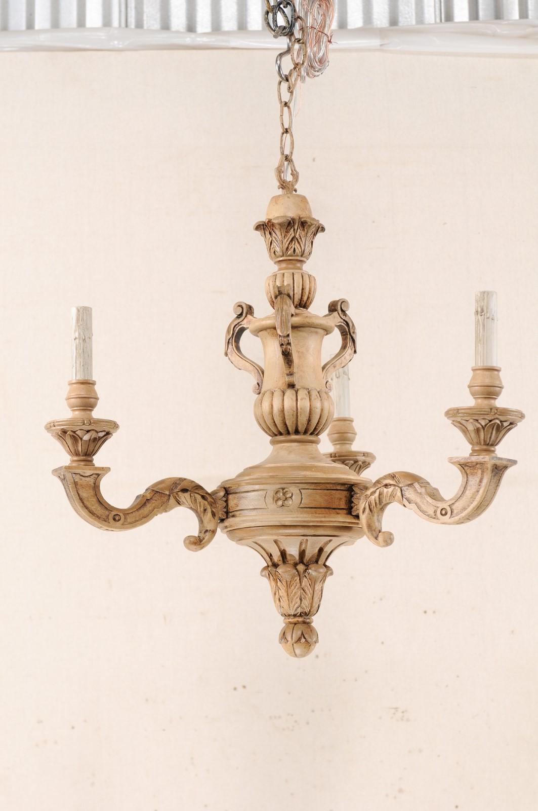 French 3-Light Carved Natural Wood Chandelier In Good Condition In Atlanta, GA