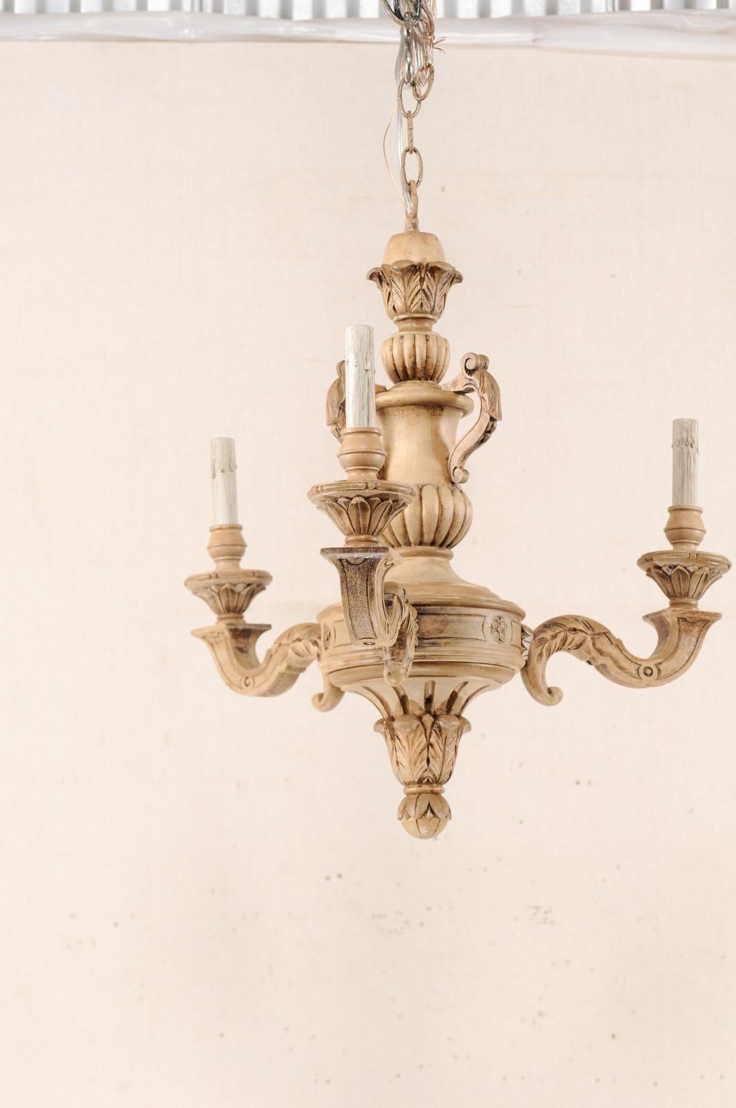 20th Century French 3-Light Carved Natural Wood Chandelier
