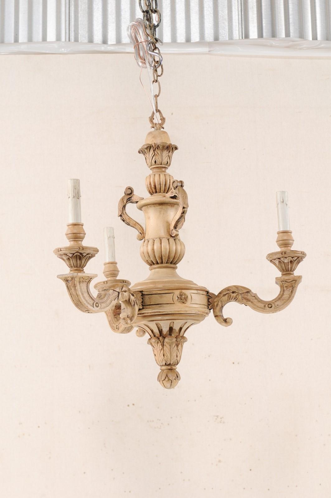 French 3-Light Carved Natural Wood Chandelier 1
