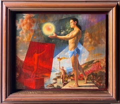 French Modernist Surrealist Signed Oil Painting Semi Nude Muscular Male Athelete