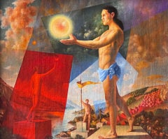 French Modernist Surrealist Signed Oil Painting Semi Nude Muscular Male Athelete