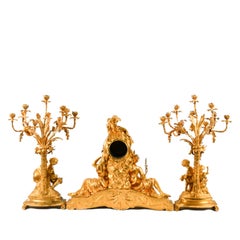 French 3-Piece Palatial Dore Bronze Garniture Clock Set