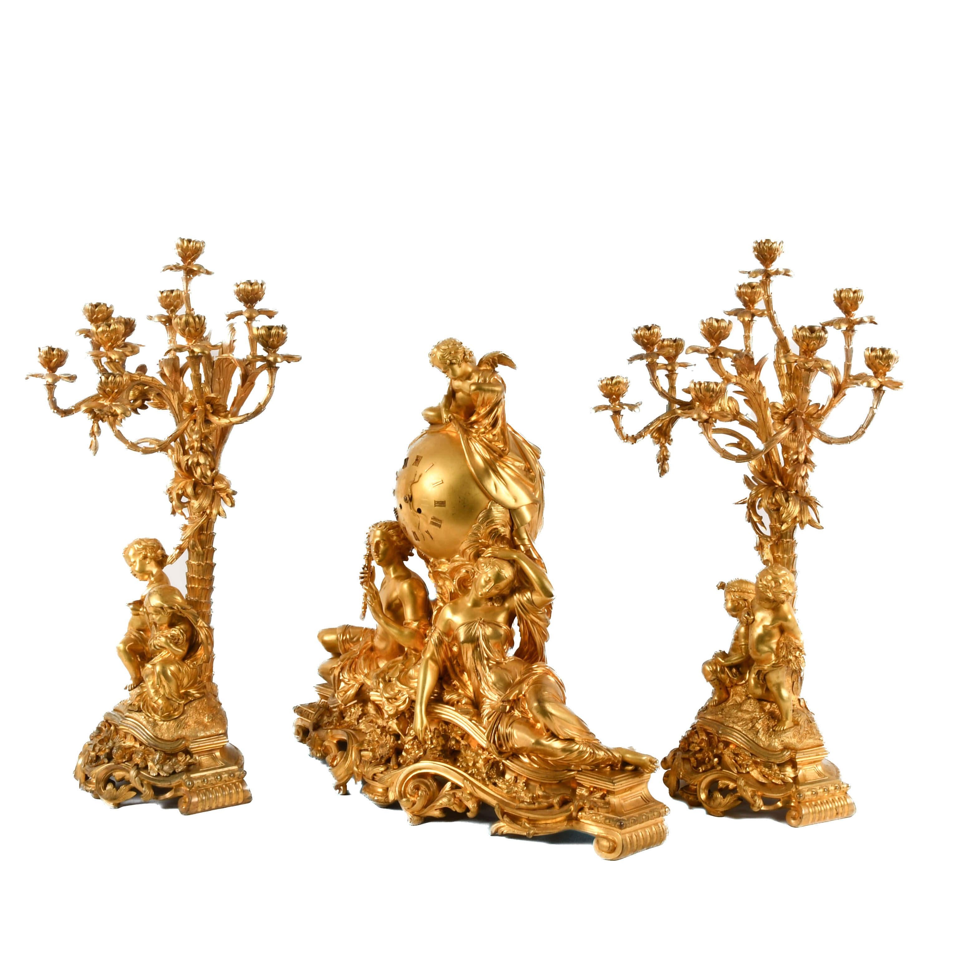 Neoclassical French 3-Piece Palatial Dore Bronze Garniture Clock Set For Sale