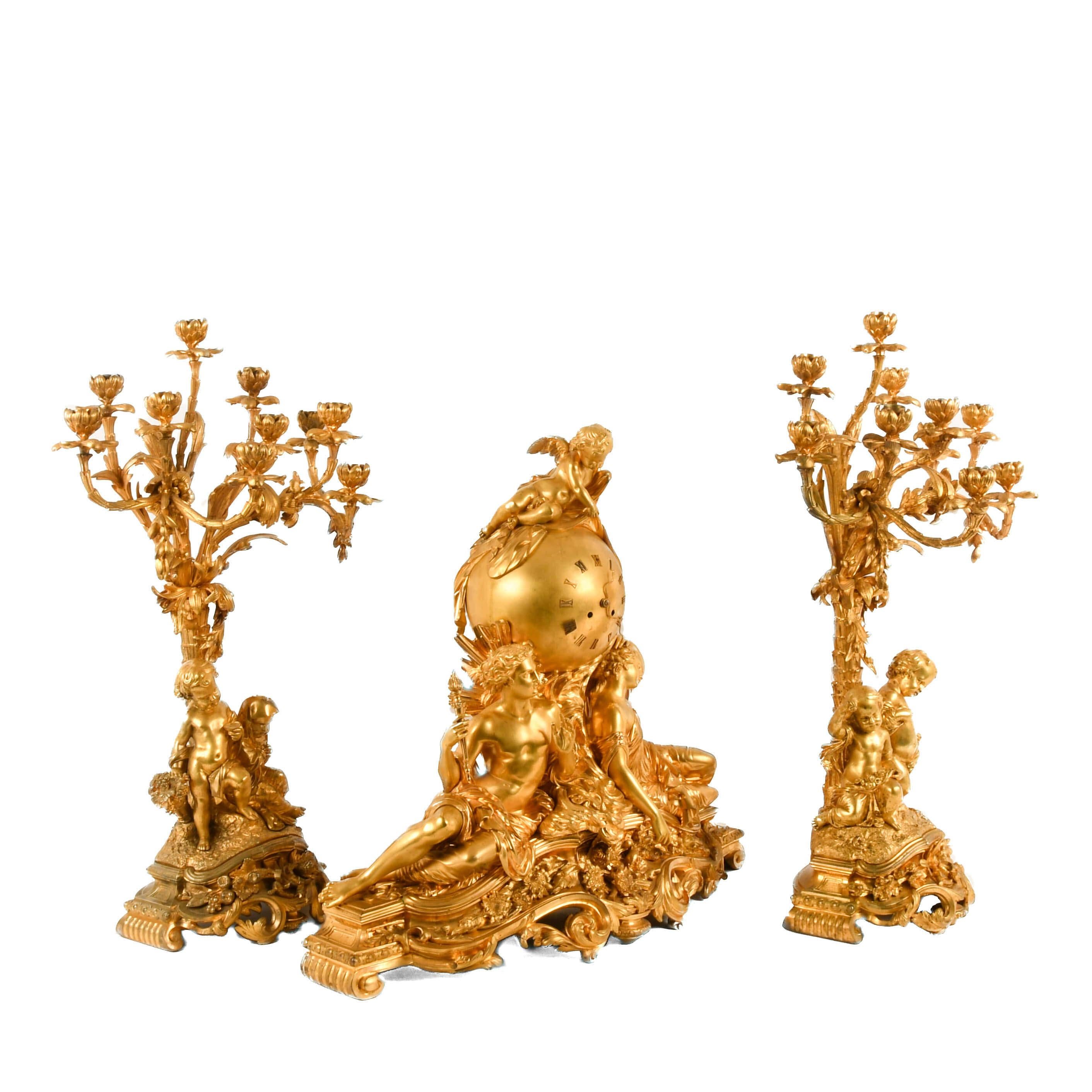 French 3-Piece Palatial Dore Bronze Garniture Clock Set In Good Condition For Sale In MC Leansville, NC
