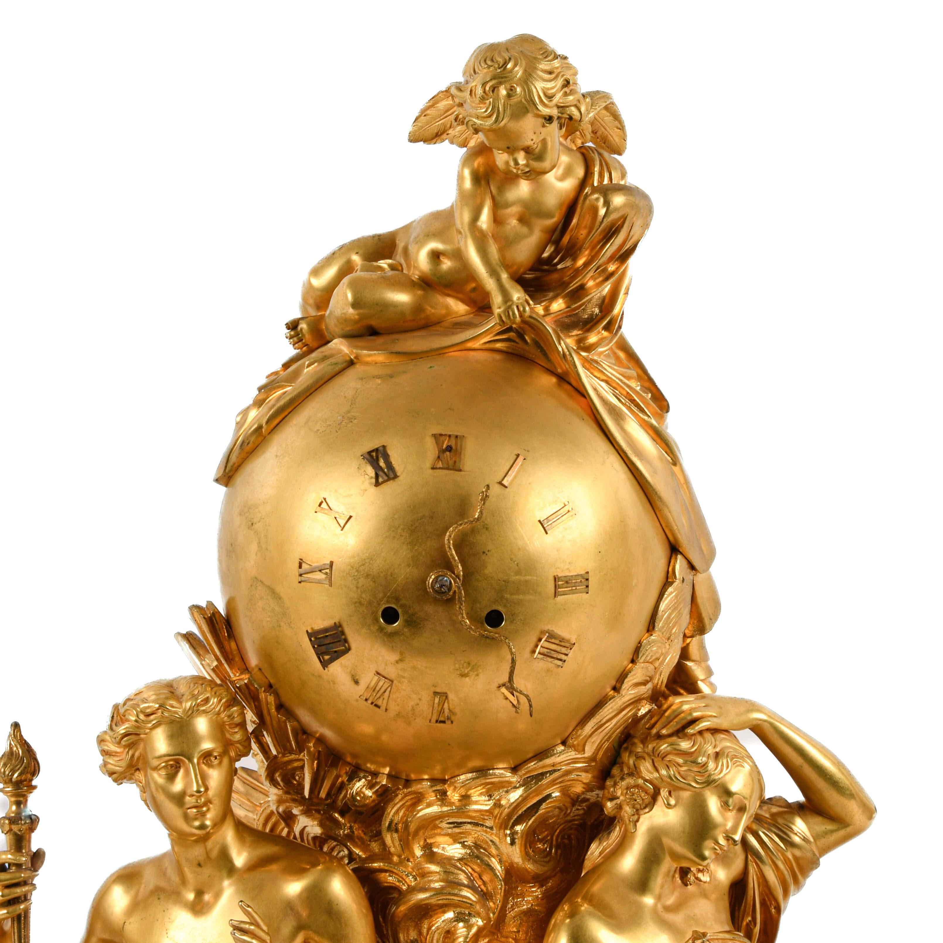 20th Century French 3-Piece Palatial Dore Bronze Garniture Clock Set For Sale