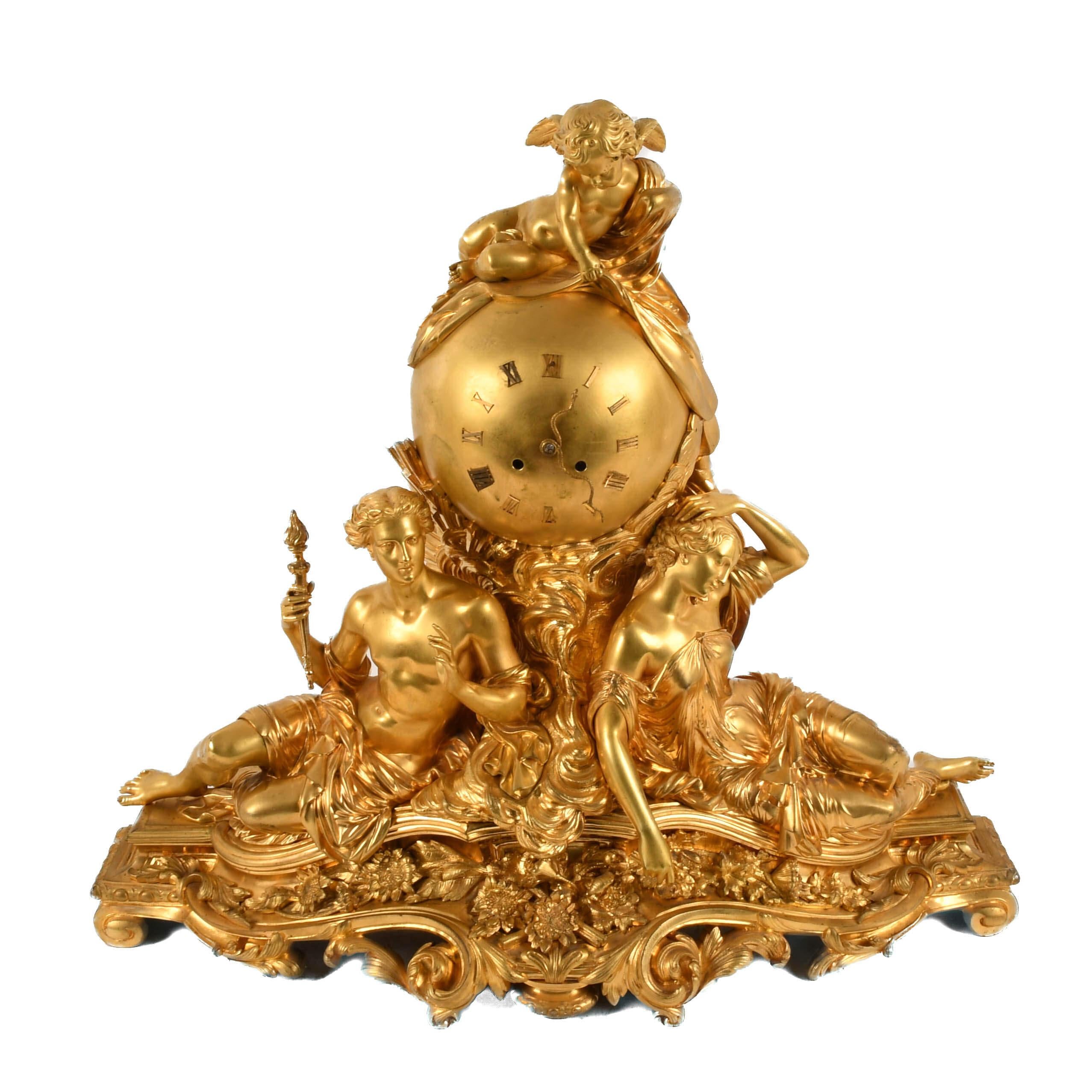 French 3-Piece Palatial Dore Bronze Garniture Clock Set For Sale 1
