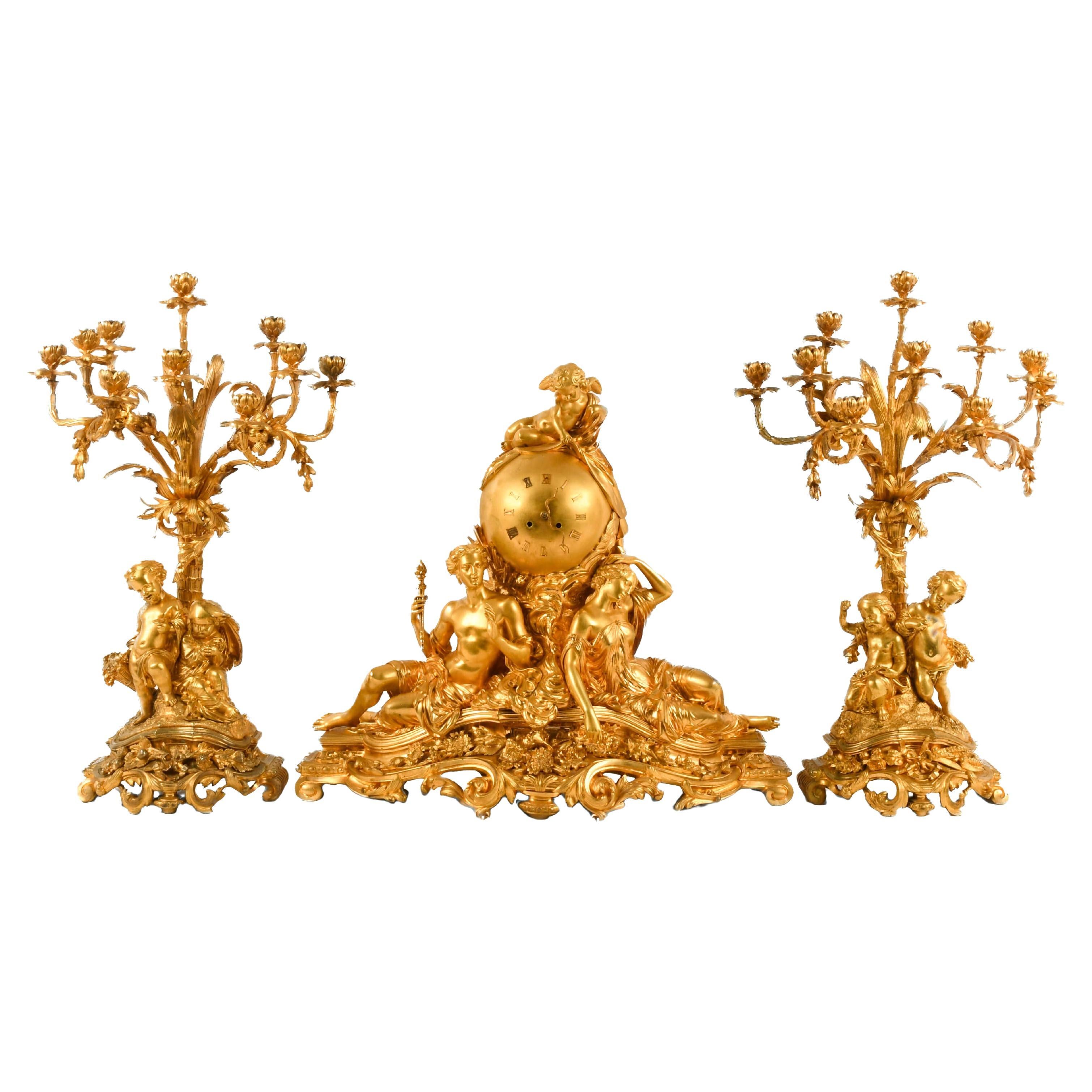 French 3-Piece Palatial Dore Bronze Garniture Clock Set For Sale