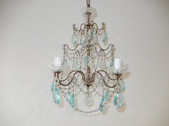 French 3 Tier Aqua Blue Rare Prisms Crystal Murano Chandelier, circa 1920