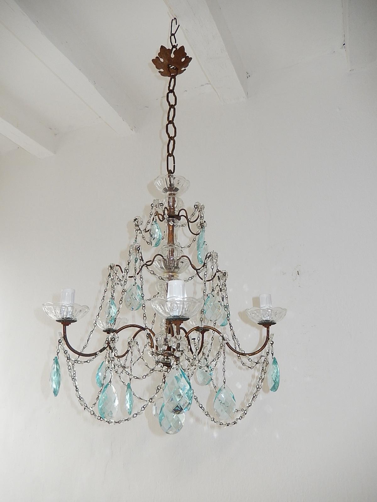 French 3 Tier Aqua Blue Rare Prisms Crystal Murano Chandelier, circa 1920 In Good Condition For Sale In Firenze, Toscana