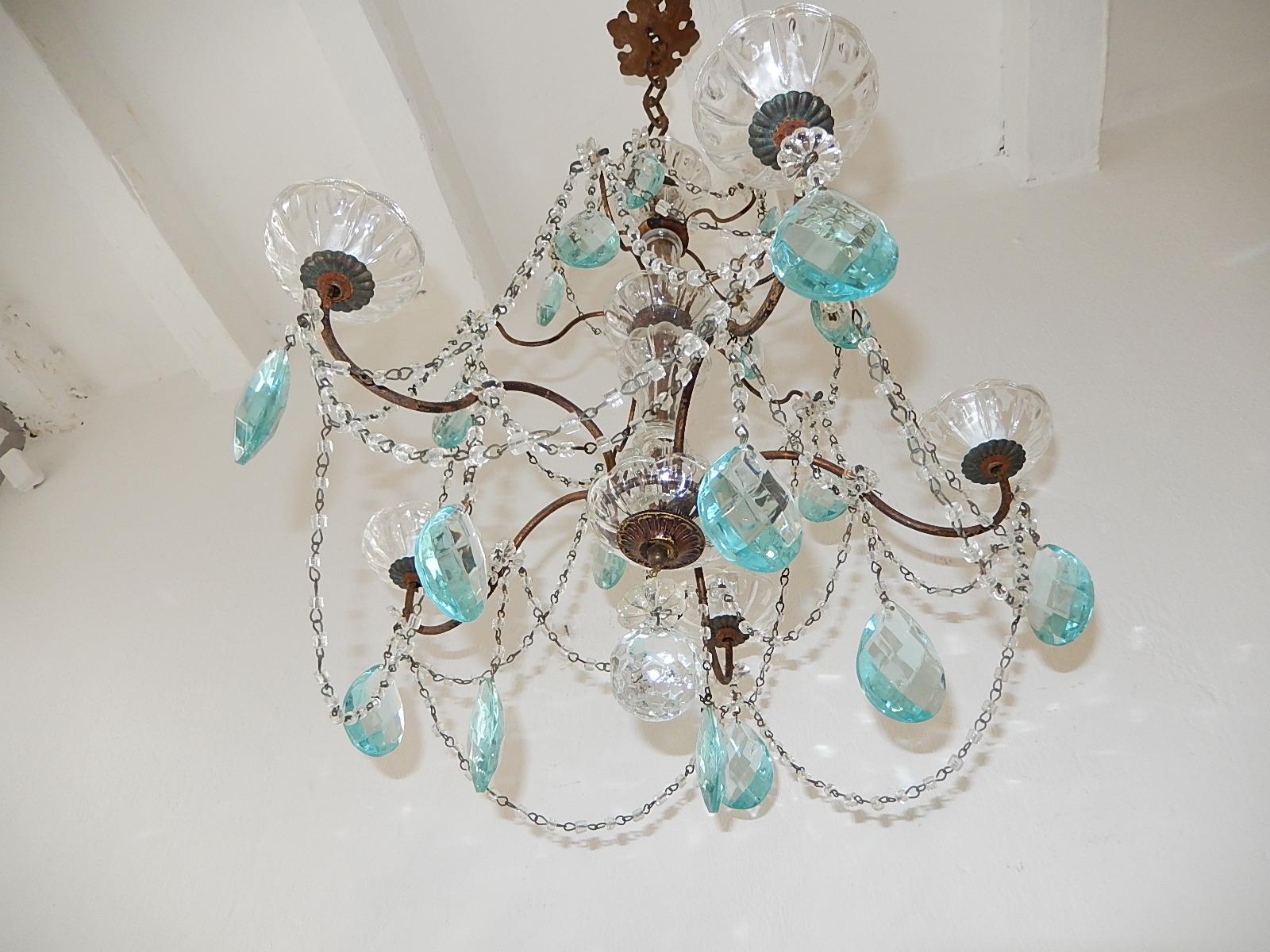 Early 20th Century French 3 Tier Aqua Blue Rare Prisms Crystal Murano Chandelier, circa 1920 For Sale