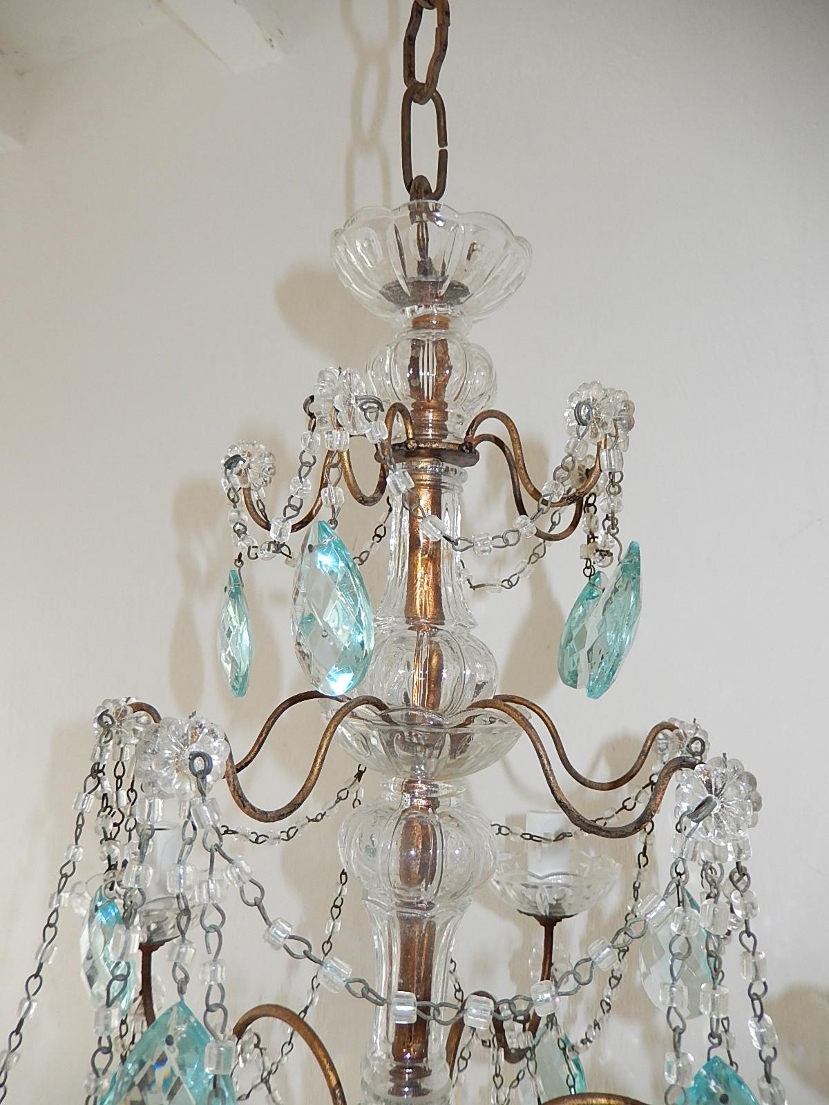 Murano Glass French 3 Tier Aqua Blue Rare Prisms Crystal Murano Chandelier, circa 1920 For Sale