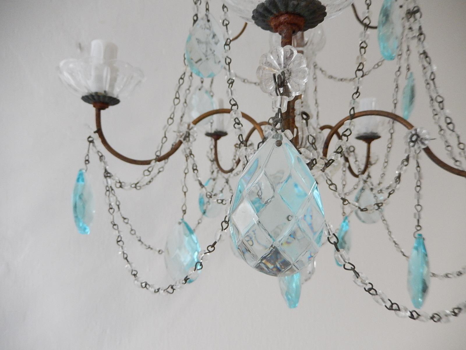 French 3 Tier Aqua Blue Rare Prisms Crystal Murano Chandelier, circa 1920 For Sale 1