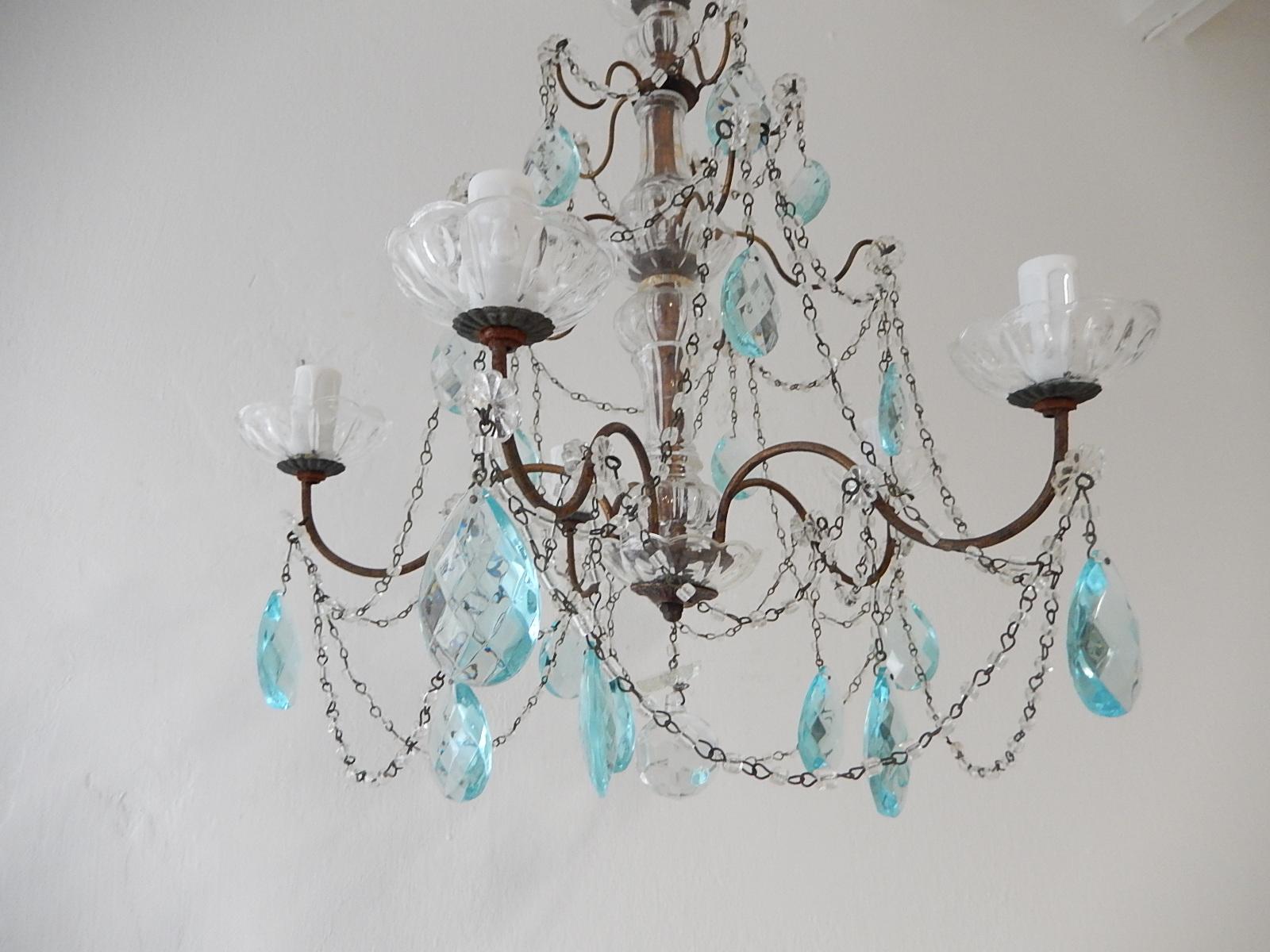 French 3 Tier Aqua Blue Rare Prisms Crystal Murano Chandelier, circa 1920 For Sale 2