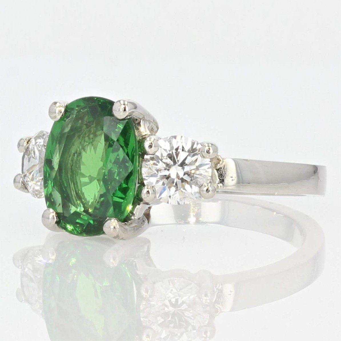 Modern French 3, 06 Carat Tsavorite Garnet Diamonds Platinum Ring