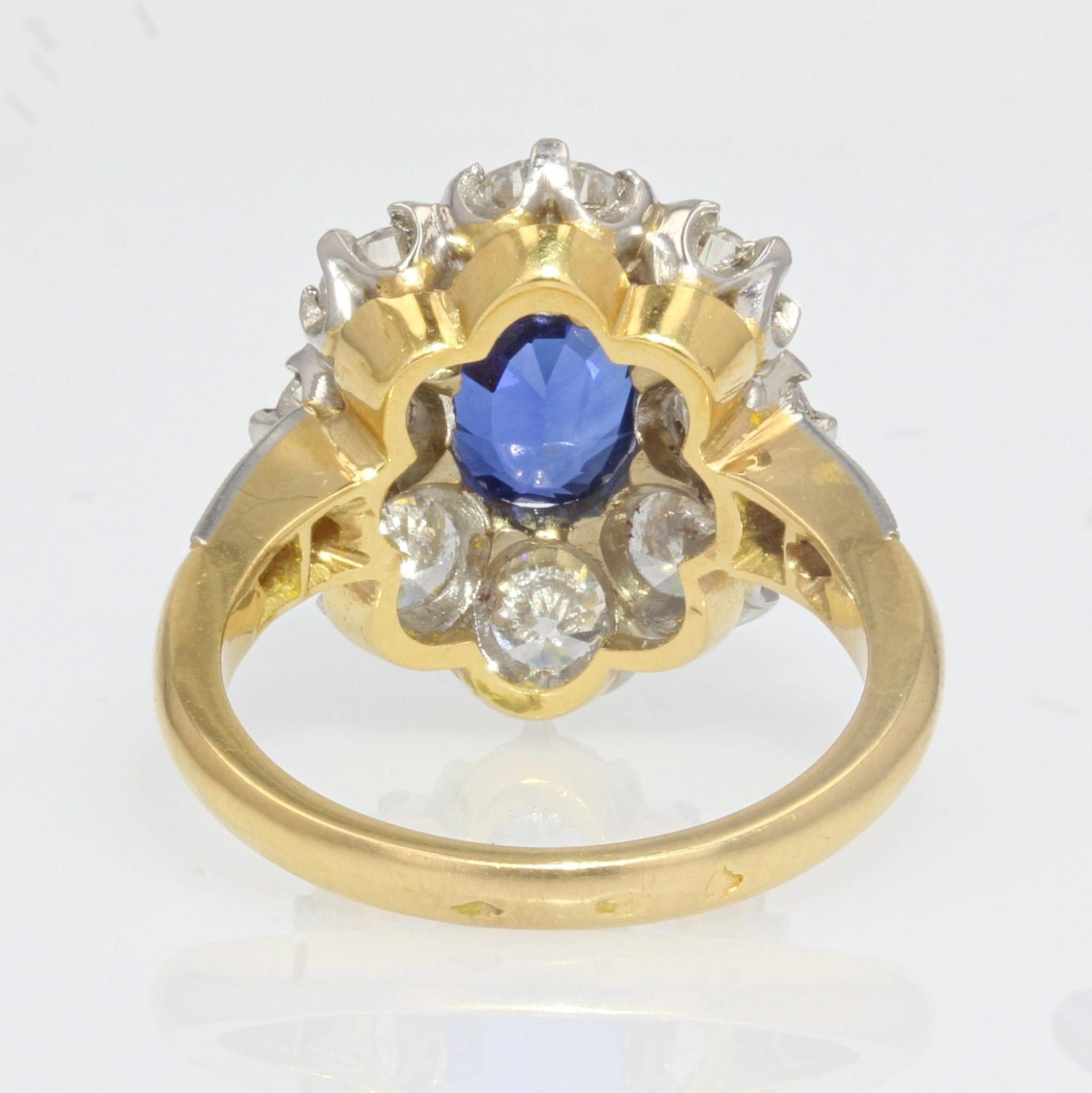 French 3.18 Carat Sapphire Diamonds 18 Karat Yellow Gold Platinum Daisy Ring 4