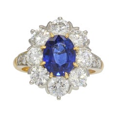 French 3.18 Carat Sapphire Diamonds 18 Karat Yellow Gold Platinum Daisy Ring