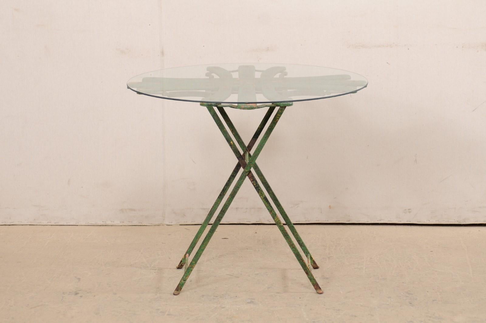 French Bistro Table with Uniquely-Designed Wood Top, Glass over In Good Condition In Atlanta, GA