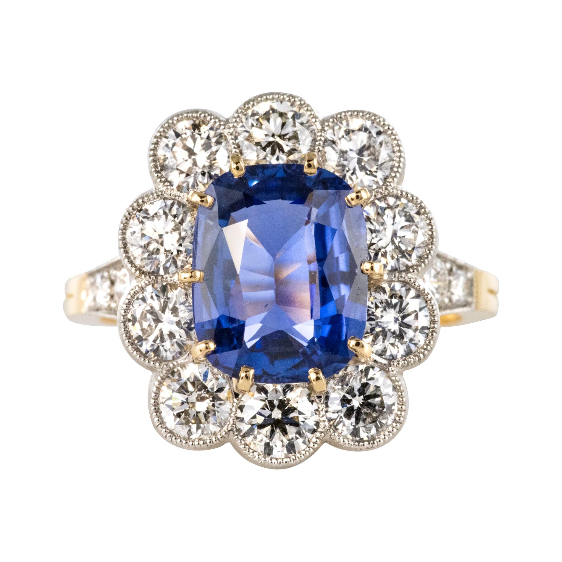 French 3.53 Carat Blue Sapphire Diamonds Pompadour Engagement Ring