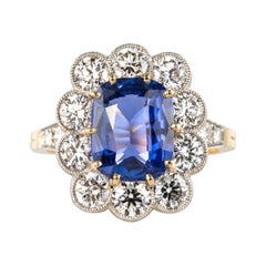 Bague de fiançailles française Pompadour en saphir bleu 3,53 carats et diamants
