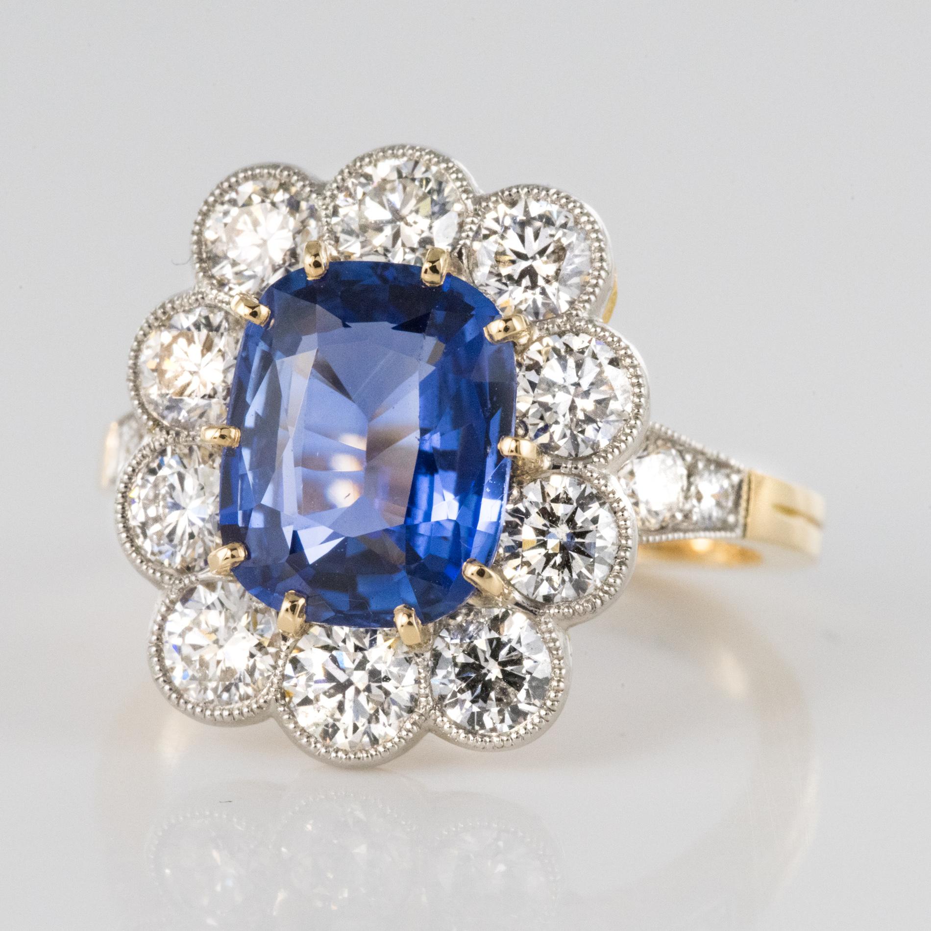 French 3.53 Carat Blue Sapphire Diamonds Pompadour Engagement Ring 4