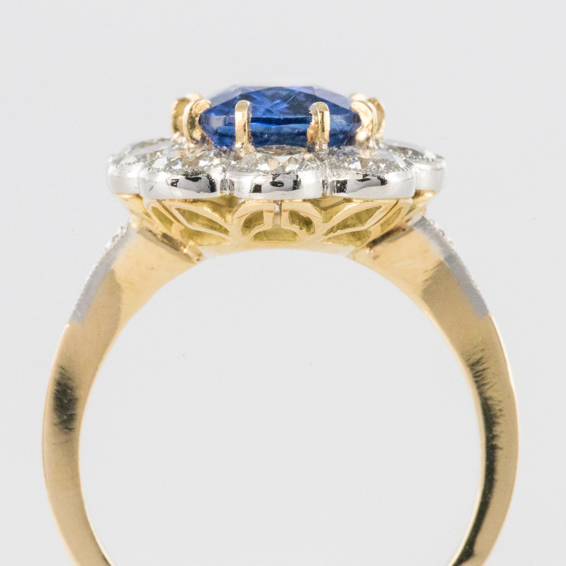 French 3.53 Carat Blue Sapphire Diamonds Pompadour Engagement Ring 5