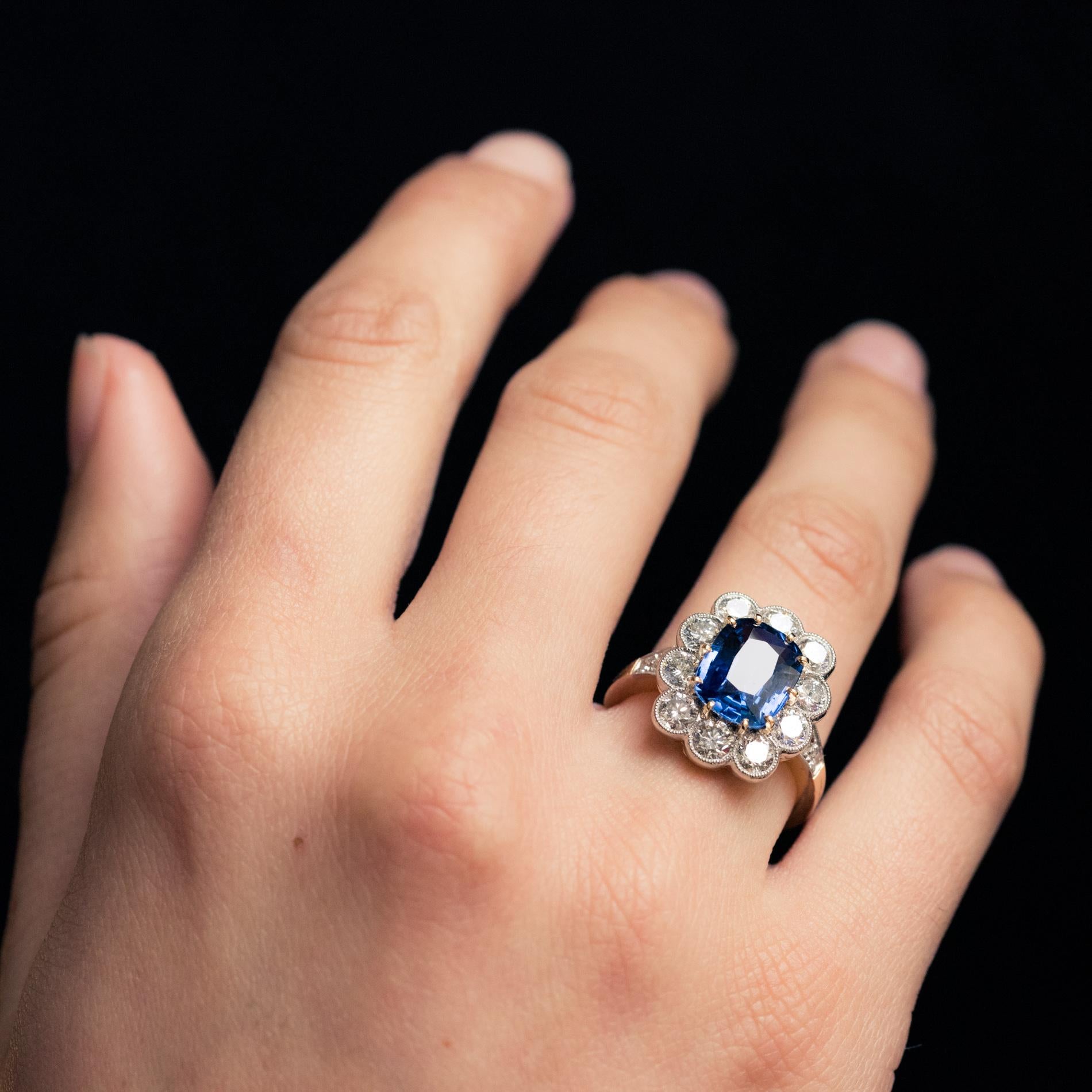 French 3.53 Carat Blue Sapphire Diamonds Pompadour Engagement Ring 6