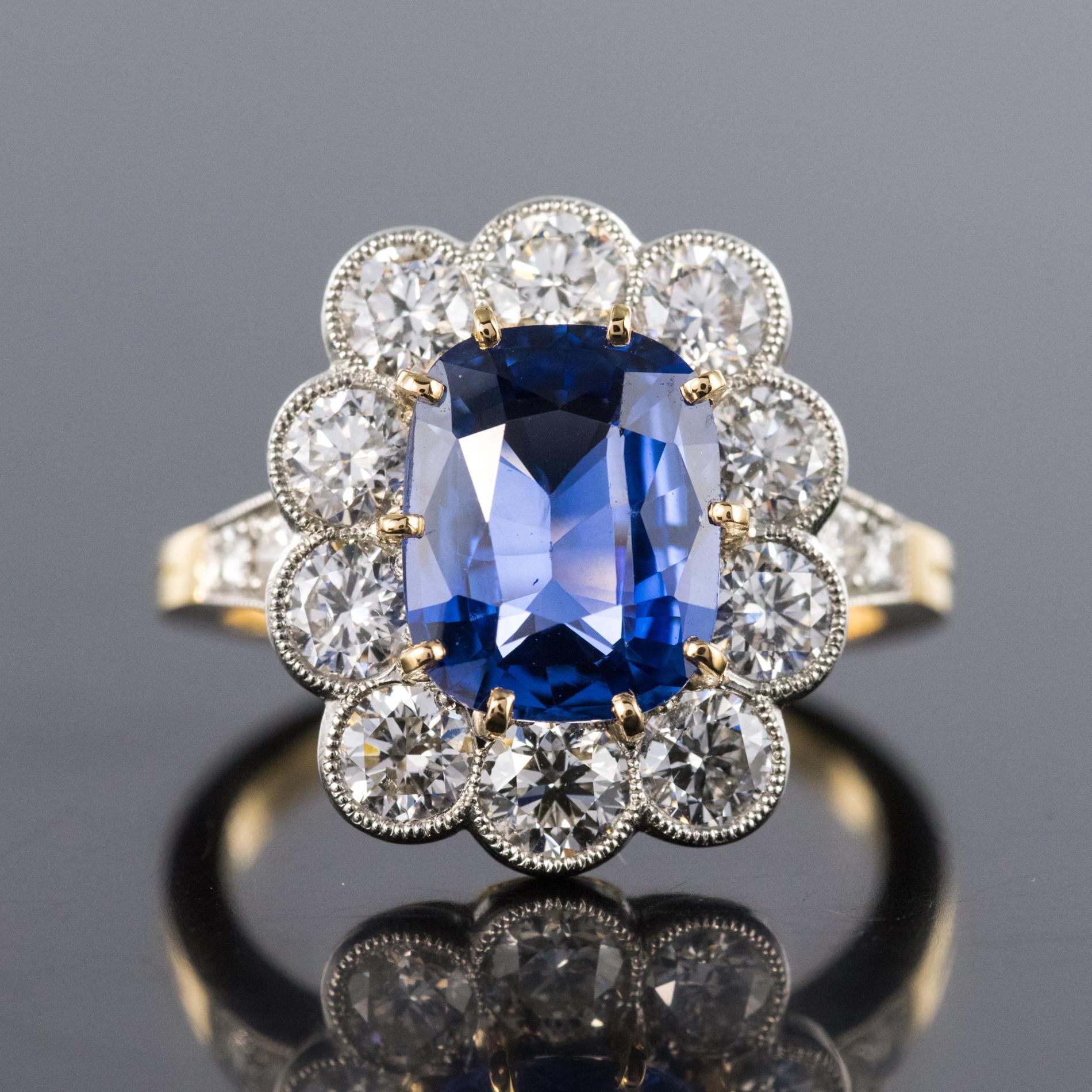 Belle Époque French 3.53 Carat Blue Sapphire Diamonds Pompadour Engagement Ring