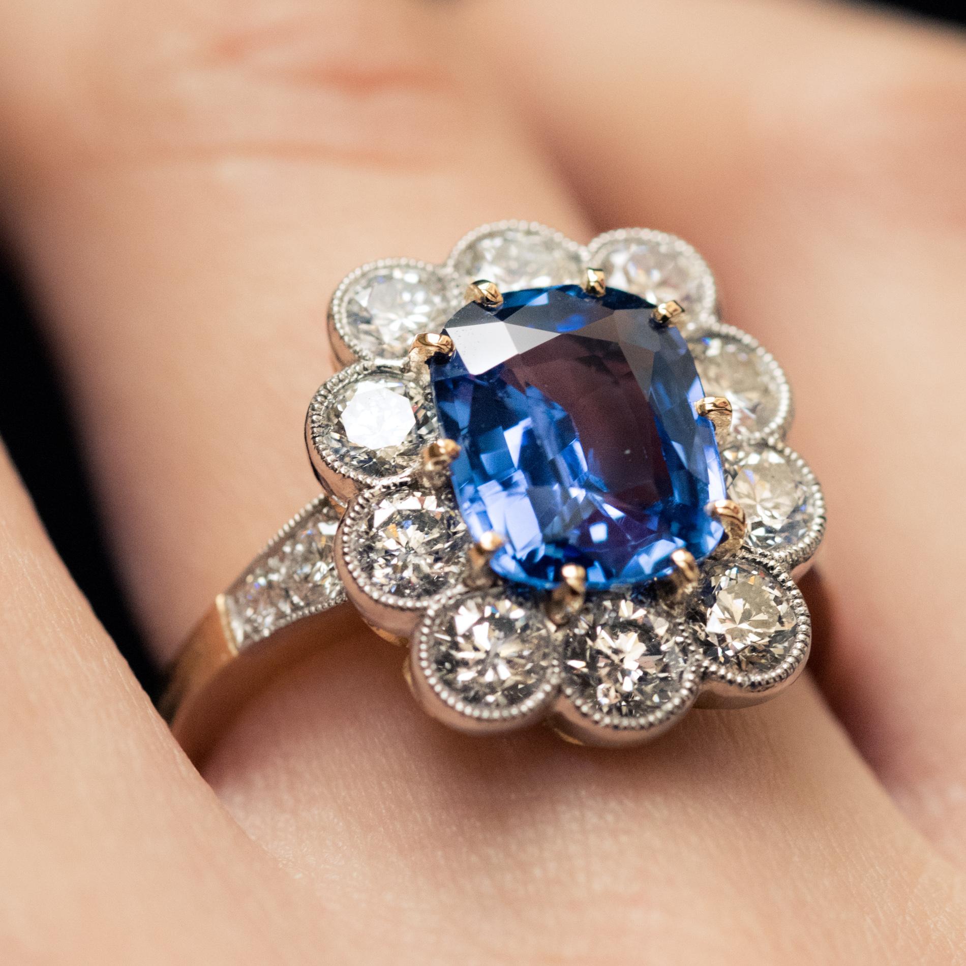 Cushion Cut French 3.53 Carat Blue Sapphire Diamonds Pompadour Engagement Ring