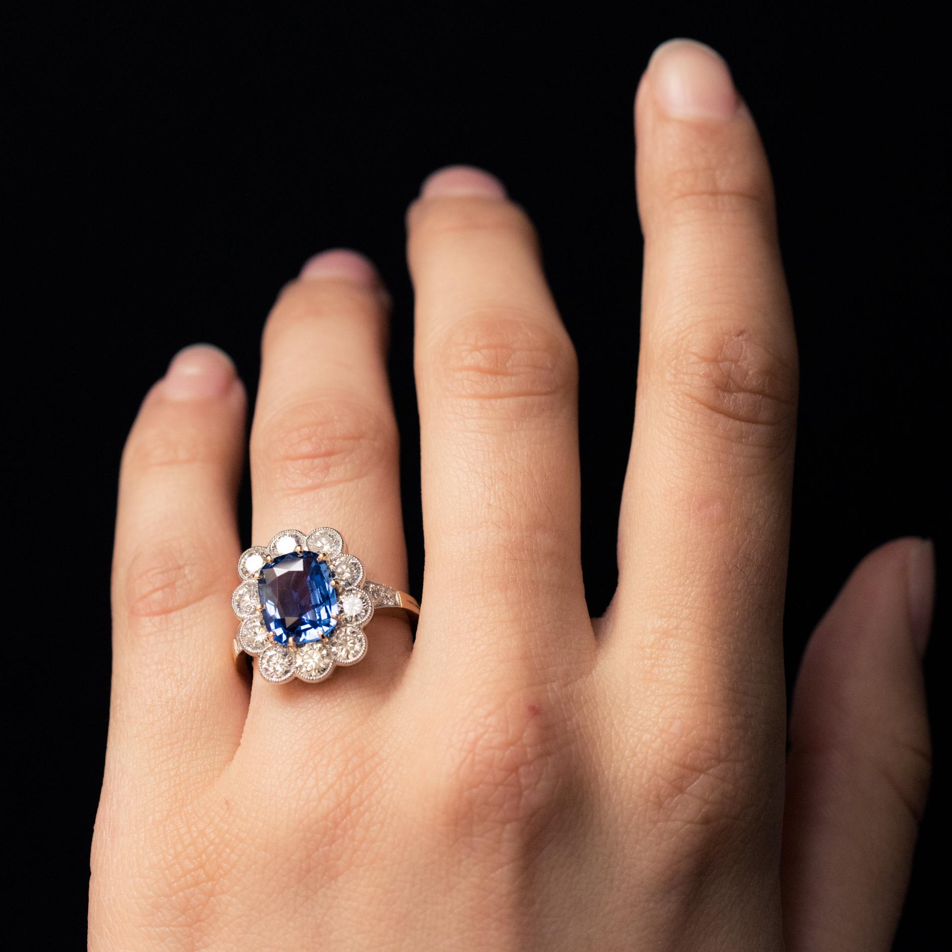 Women's French 3.53 Carat Blue Sapphire Diamonds Pompadour Engagement Ring