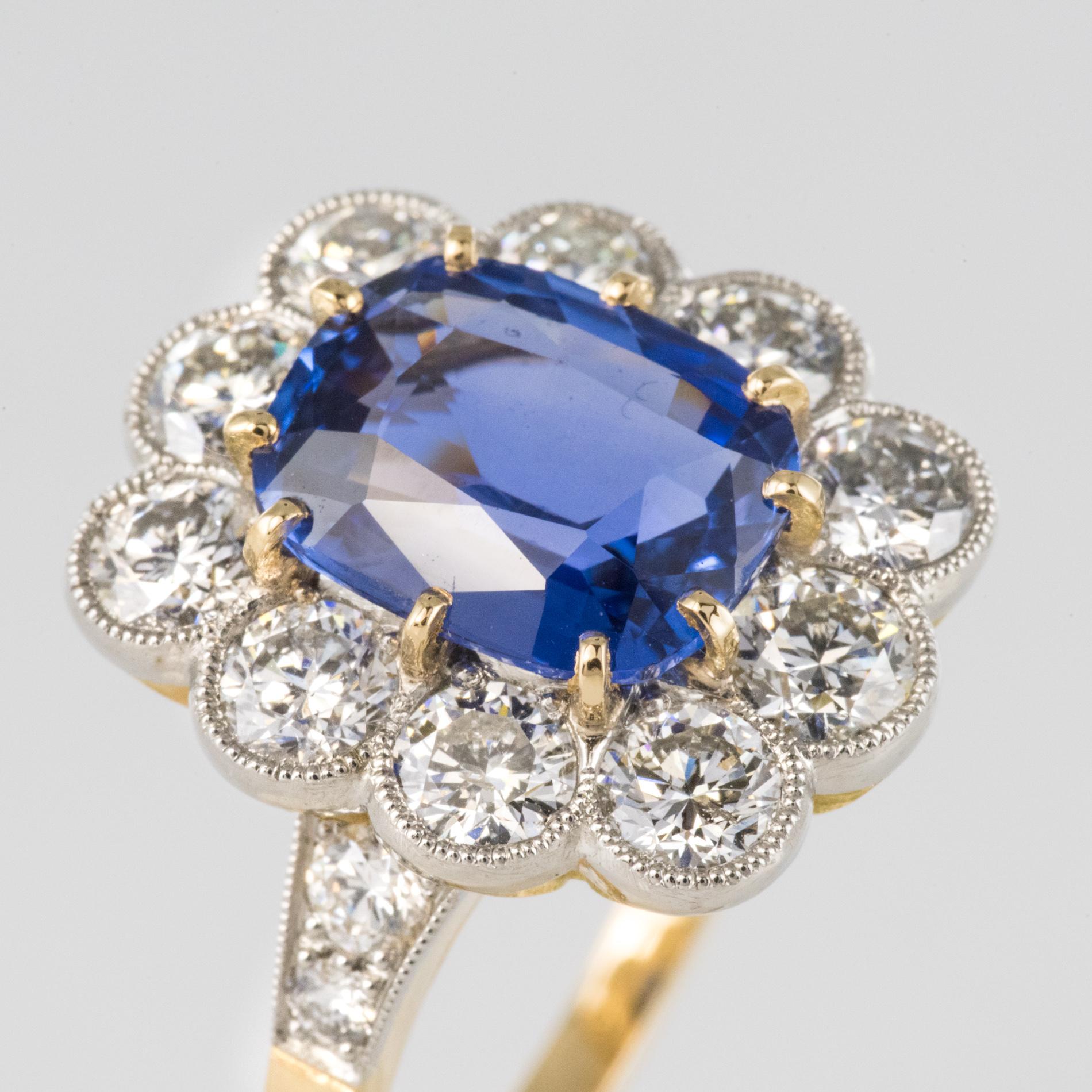 French 3.53 Carat Blue Sapphire Diamonds Pompadour Engagement Ring 1